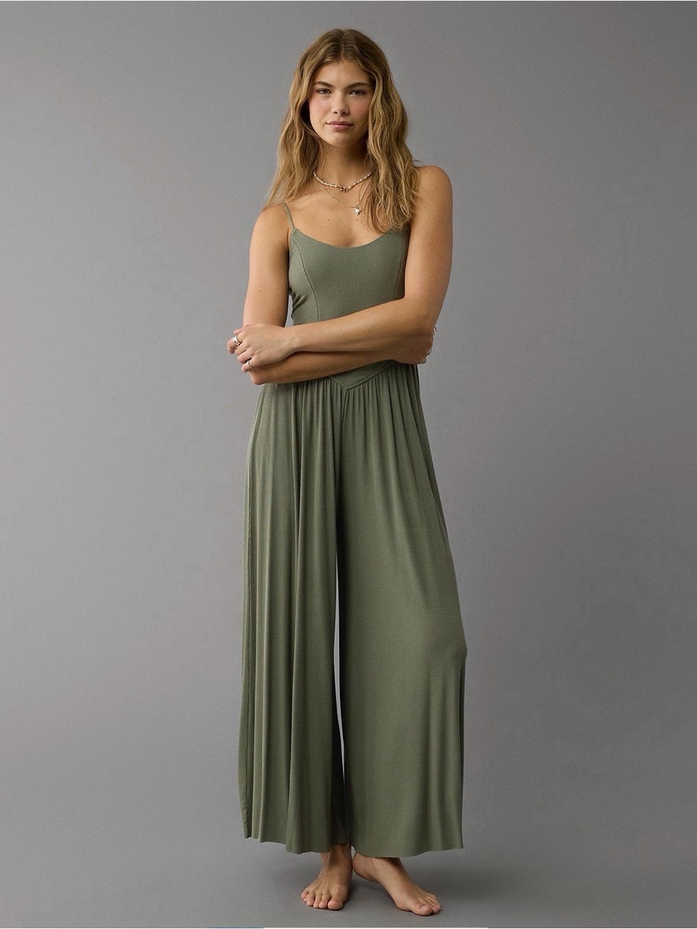 American Eagle Outfitters Olive Wide-Leg Jumpsuit with Spaghetti Straps